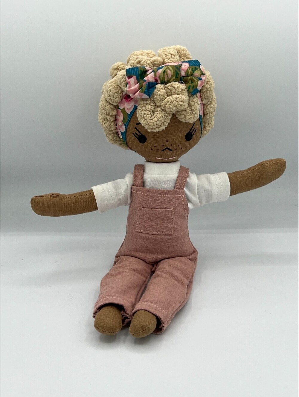 Harperiman Aaliyah Linen Doll curly hair overalls and head wrap 14"